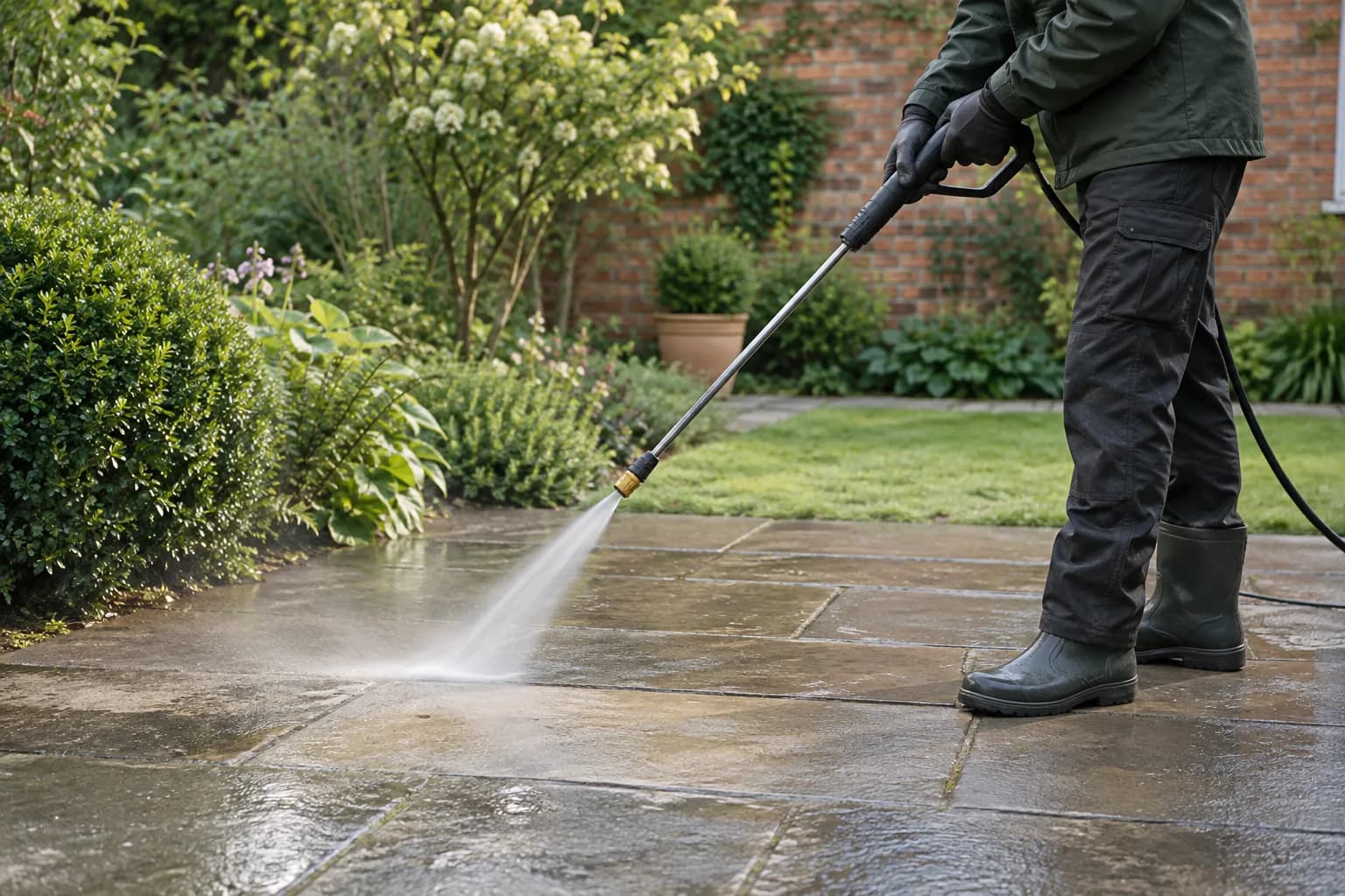 Illustrative cleaning professional directing a pressure-washer lance onto concrete paving