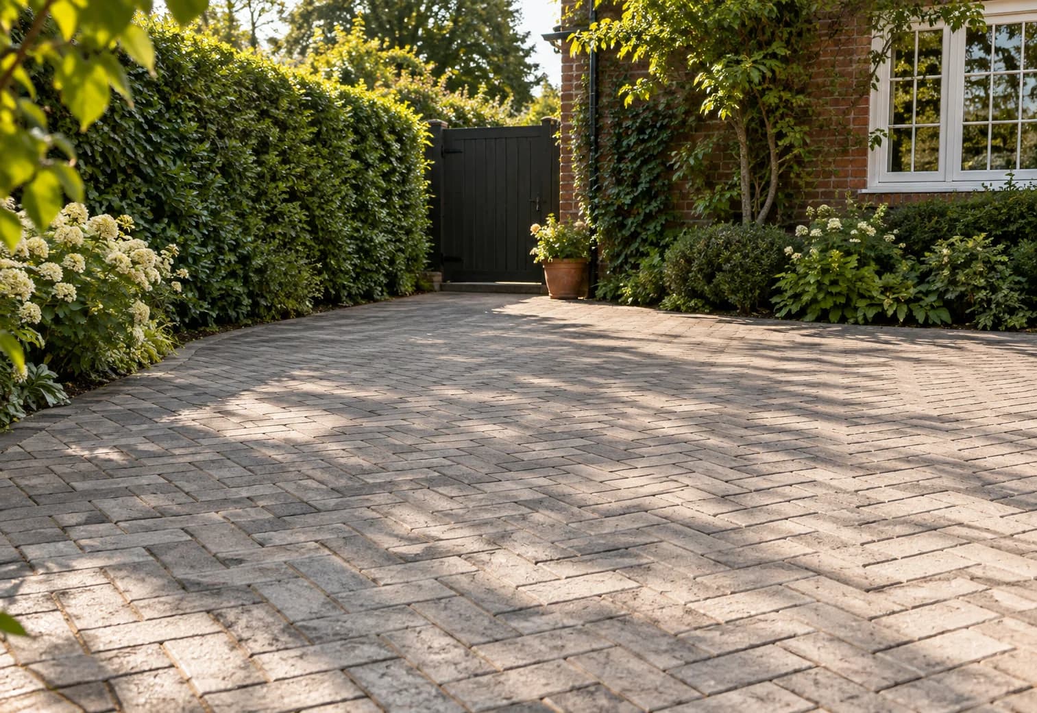 Concrete block-paved driveway beside a brick cottage and green planting