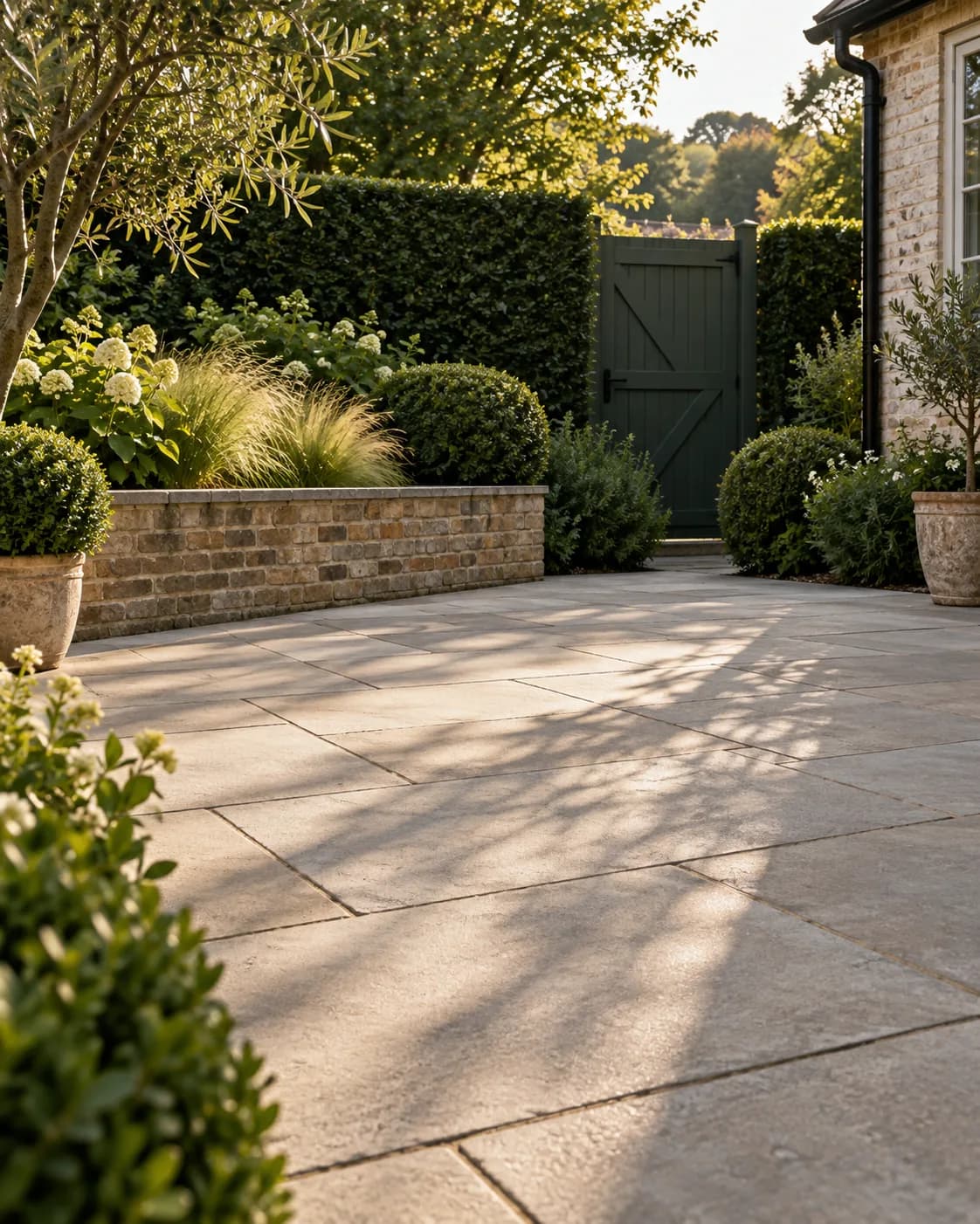 Concrete garden patio framed by planting and a dark green gate