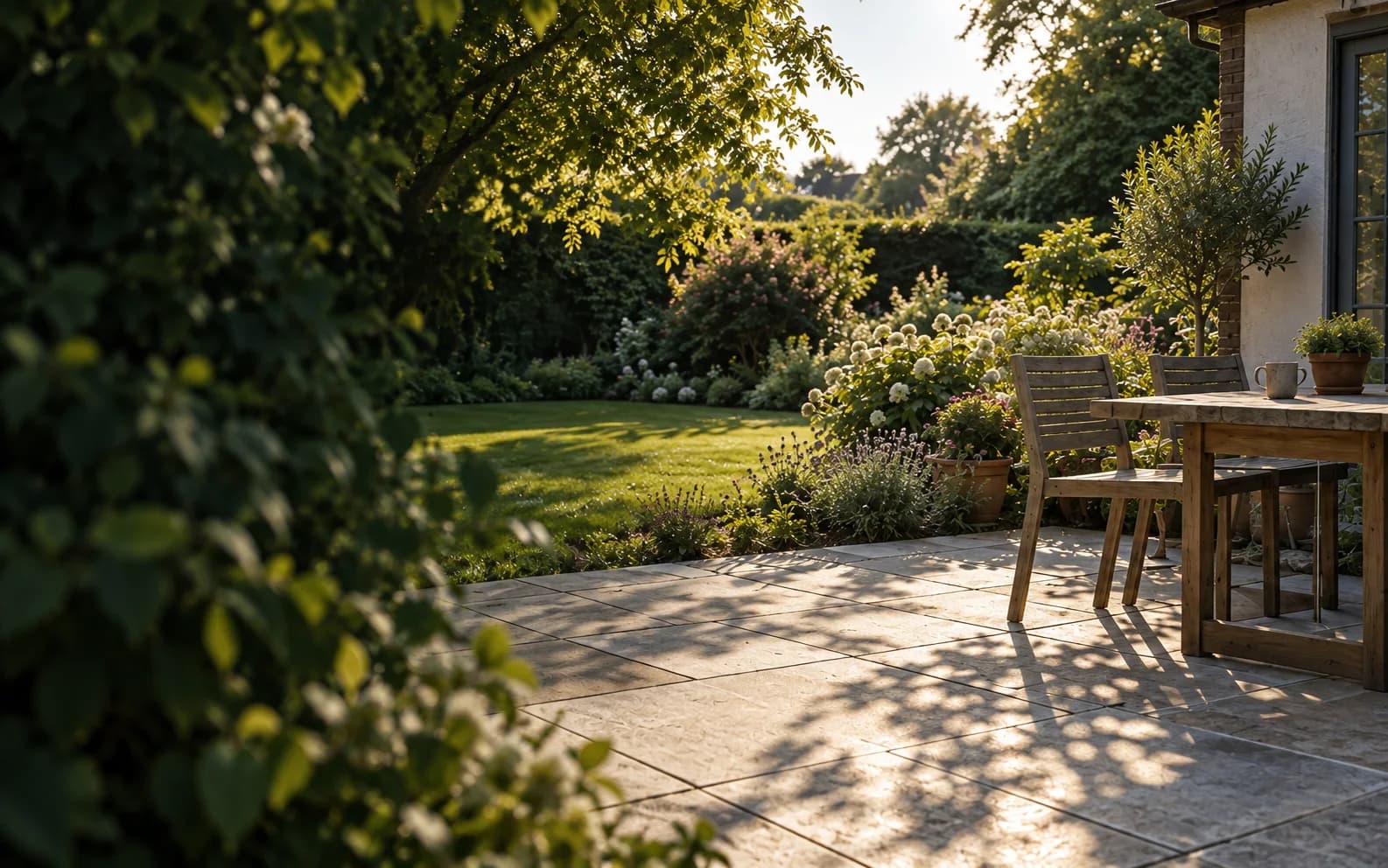 Illustrative English garden with sunlit concrete paving, leafy planting and a timber table