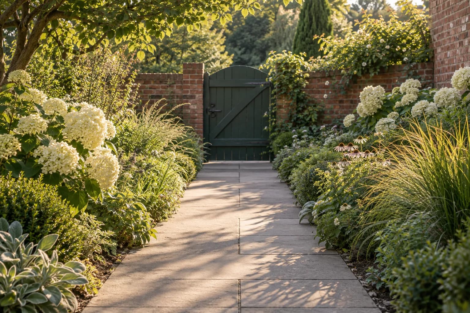 Concrete garden path leading through soft planting toward a timber gate